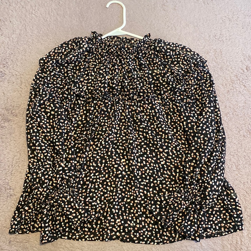 Black, white and pink polka dotted long sleeve blouse- It is see through